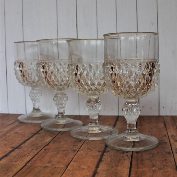 Vintage Indiana Glass DIAMOND POINT Clear 6" Water Goblet Wine Glass Set of 4 Glasses Clear Diamond Cut Pattern