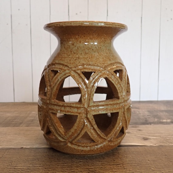 Vintage Pottey Stoneware Luminary Candle Lantern with Open Work Design Votive or Tea Light Holder