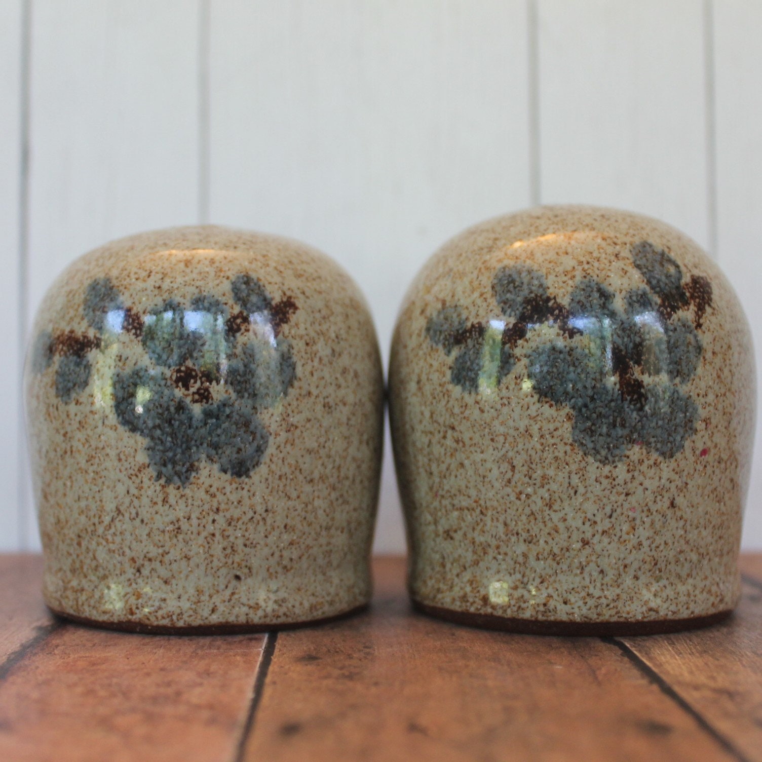 Vintage Old Time Pottery Salt and Pepper Shakers Set of 2 Gray with Blue Flower Design Agnes and