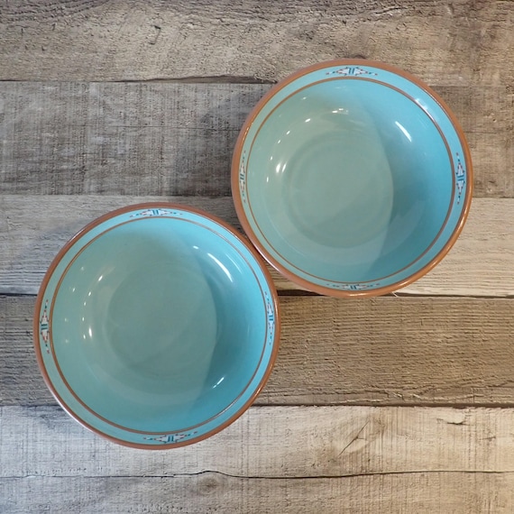Vintage Noritake BOULDER RIDGE Cereal Bowl Set of 2 Bowls Blue Cream Orange Southwestern Santa Fe Tribal Design