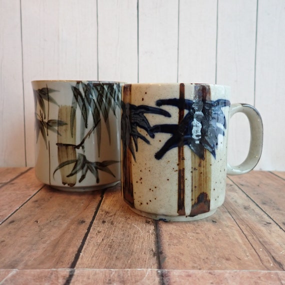 Vintage Stoneware Mug Set of 2 White Brown Blue Rustic Bamboo Tree Branch Design Otagiri Style Mid Century Modern Pottery