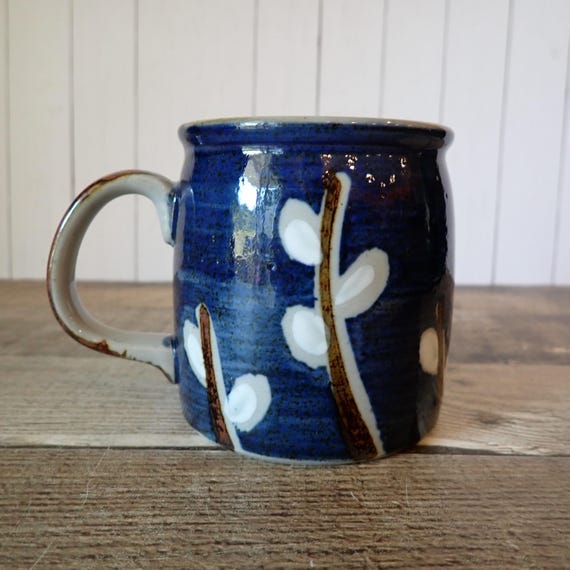 Vintage Otagiri Pussywillow Mug Coffee Cup Blue Stoneware Brown Branch Pussy Willow