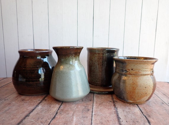 Vintage Mismatched Stoneware Bud Vase or Planter Set of 4 Handmade Pottery Blue Brown Gray Drip Glaze Patterns Mix and Match Set