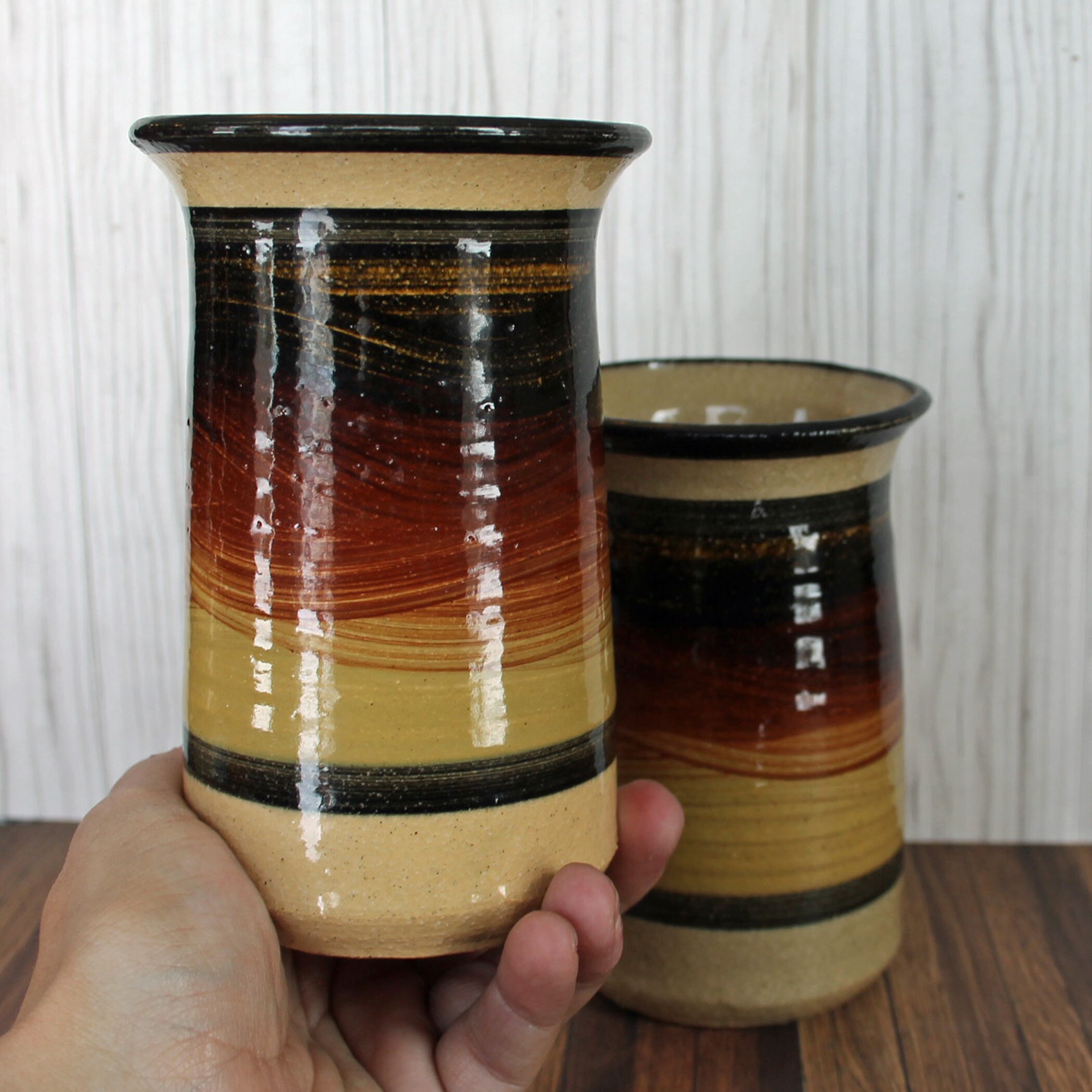 Vintage BLOOMINGTON POTTERY Vase Set of 2 Matching Vases Tan Yellow Red