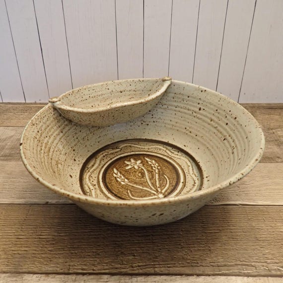 Vintage Pottery Stoneware Chip and Dip Bowl Gray with Brown with Etched Flower Floral Design