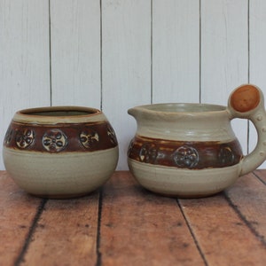 Vintage UCTCI Sugar Bowl and Creamer Set Gray Stoneware Brown Floral and Face Design