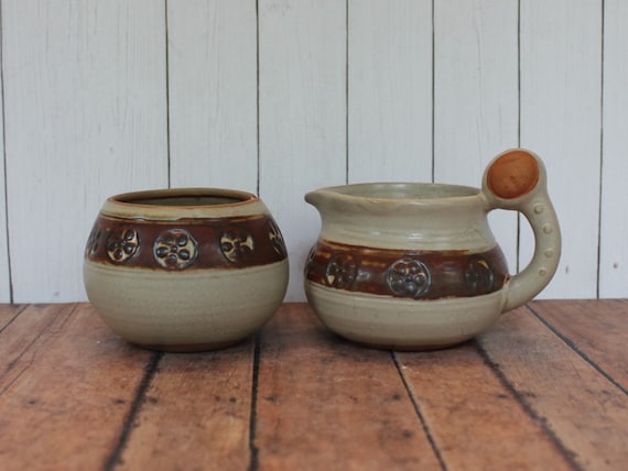 Vintage UCTCI Sugar Bowl and Creamer Set Gray Stoneware Brown Floral and Face Design