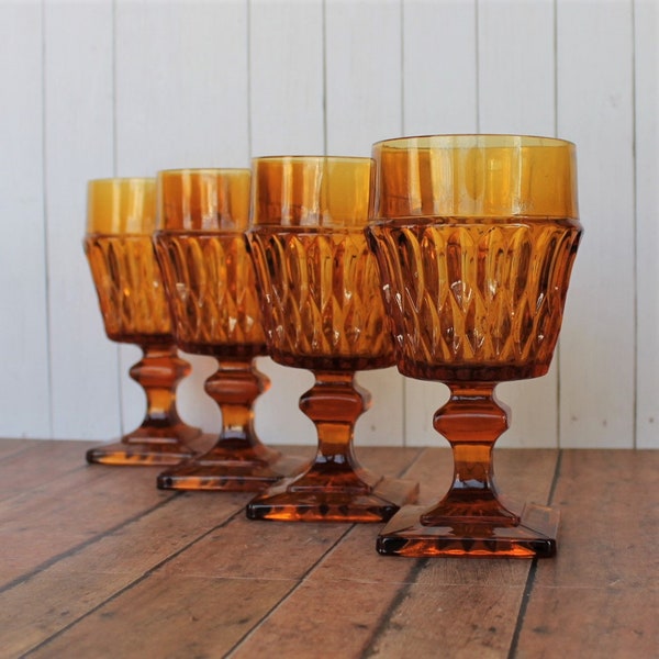 Vintage Indiana Glass MOUNT VERNON Amber 6" Water Goblet Wine Glass Set of 4 Golden Glasses