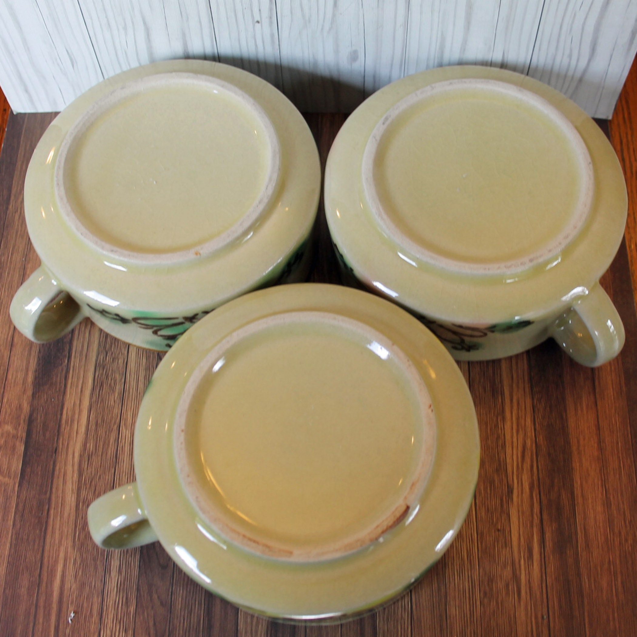 Vintage Stoneware Soup Bowl Mug Set of 3 Cream with Yellow Green and