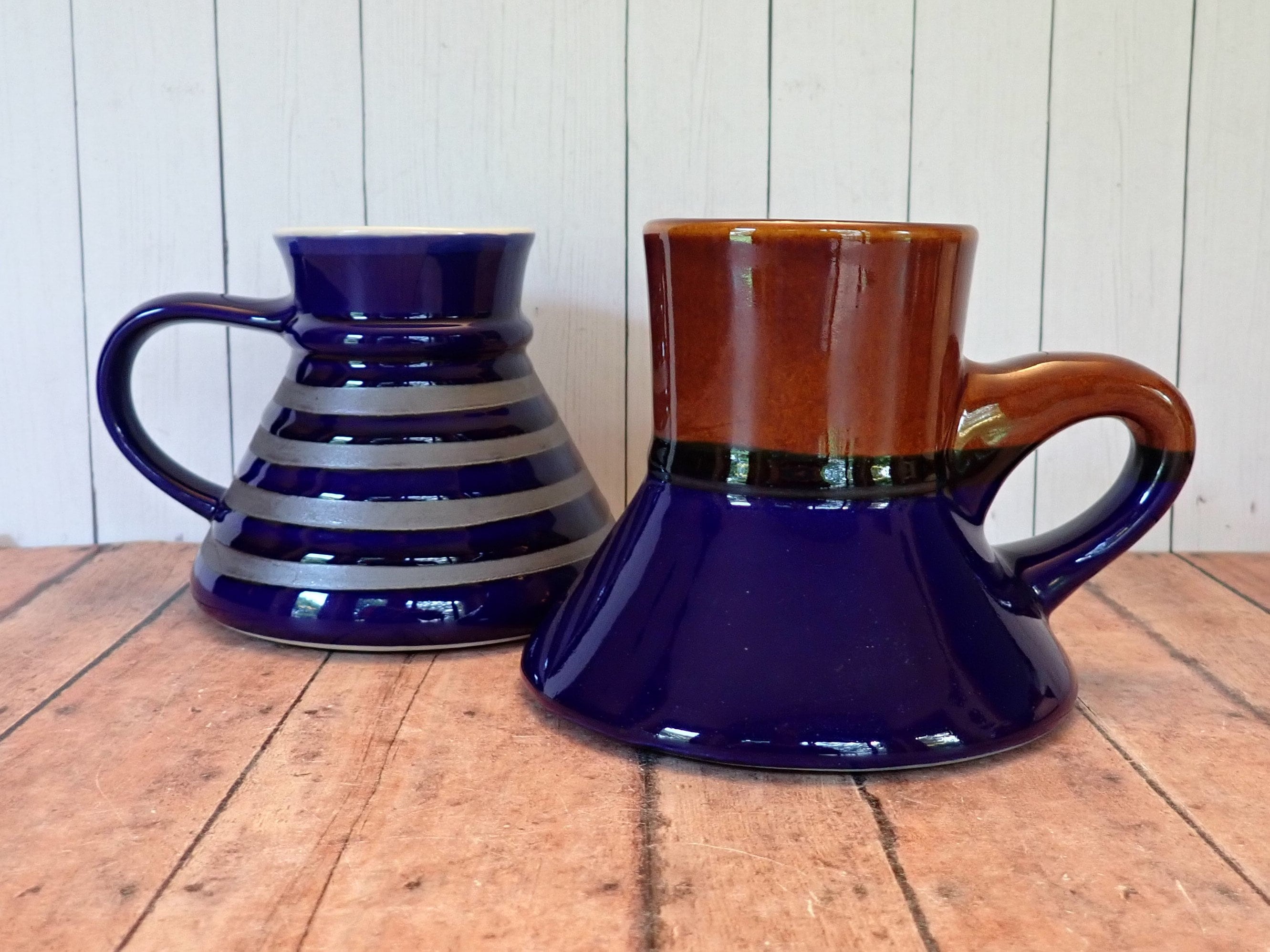 Vintage Wide Base No Spill Ceramic Stoneware Travel Mugs Pair Set of 2 Spill Proof Volcano