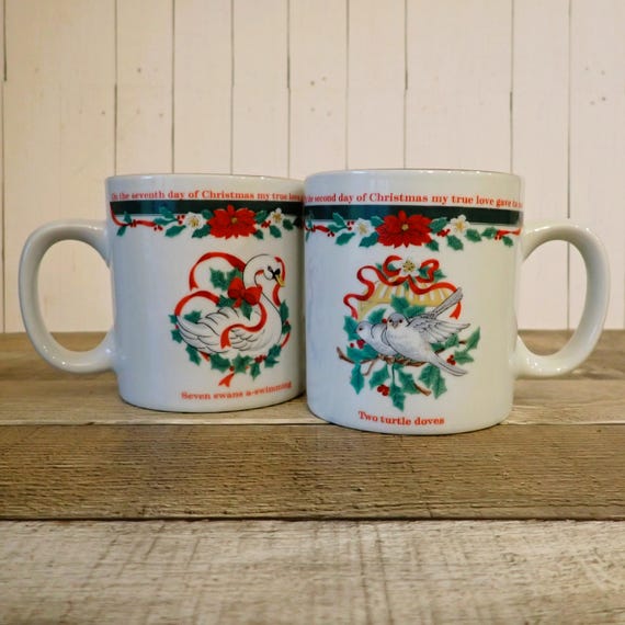 Vintage Tienshan Deck the Halls Twelve Days of Christmas Mug Set of 2 Two Turtle Doves Seven Swans Mugs