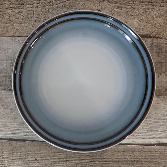 Vintage Noritake Stoneware SORCERER Salad Plate Set of 7 Plates White Stoneware with Blue Faded Banded Design