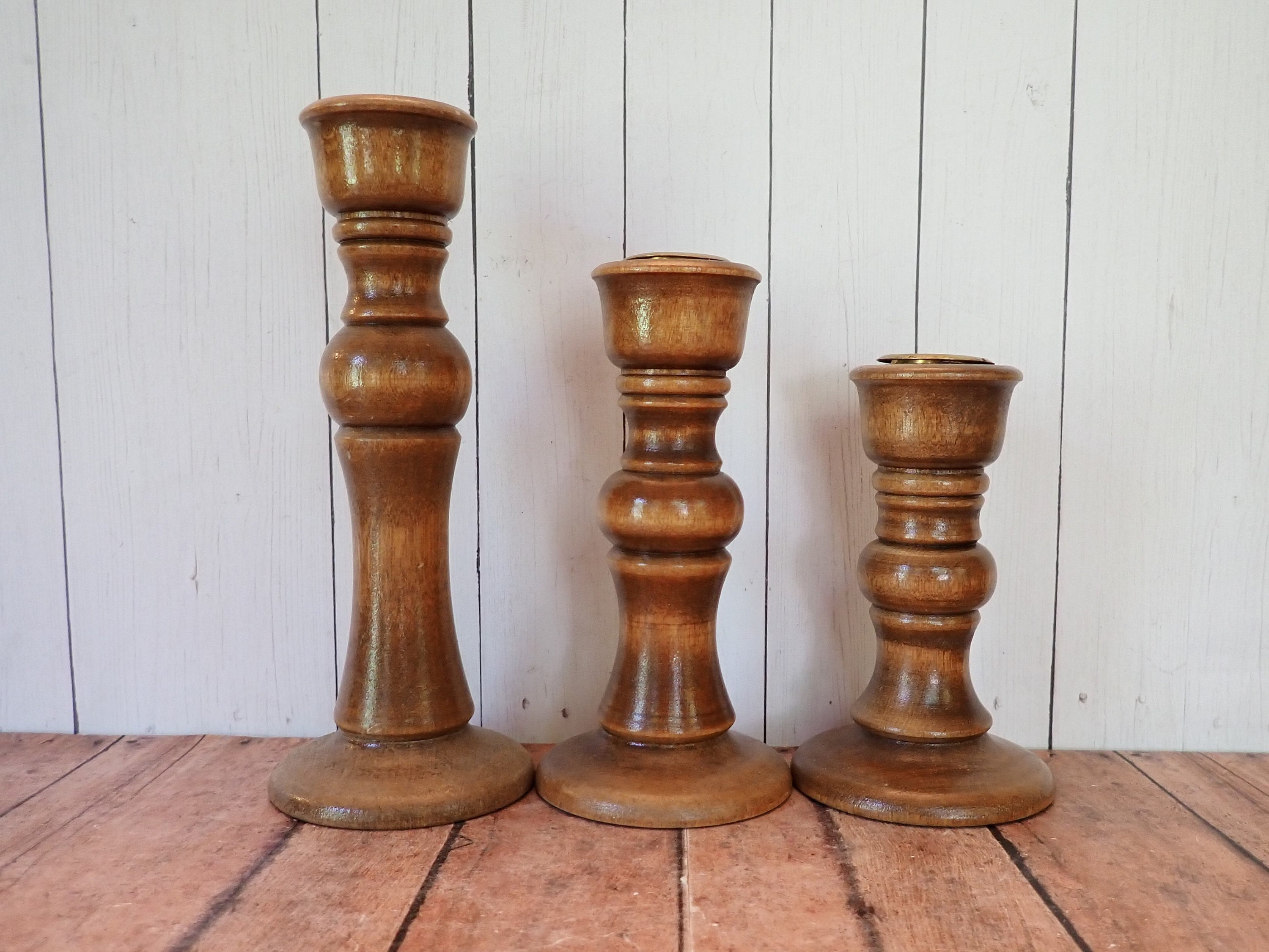 Vintage Wood Candlestick Set of 3 Wooden Taper Candle Holder Graduated