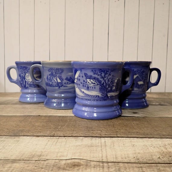 Vintage Currier and Ives Ceramic Mug Set of 4 Blue with Winter Cabin Winter Scenes Christmas Mugs
