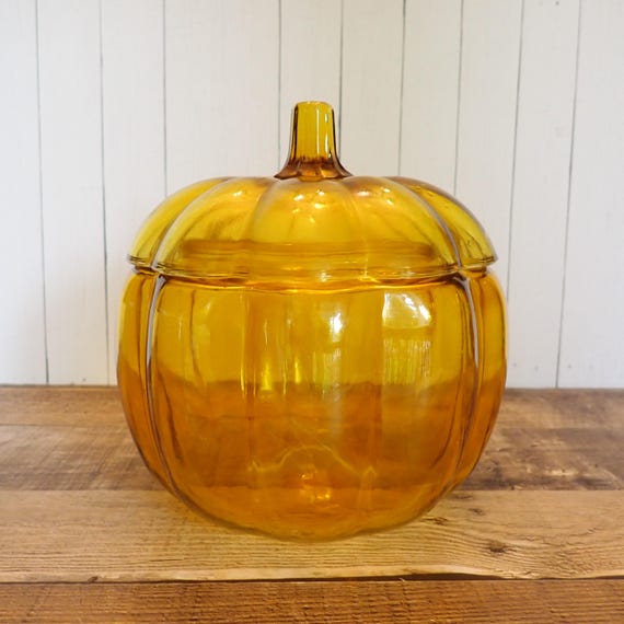 Vintage Yellow Orange Glass Pumpkin Canister Bowl Candy Dish with Lid Cookie Jar Anchor Hocking Fall Halloween Thanksgiving Decor