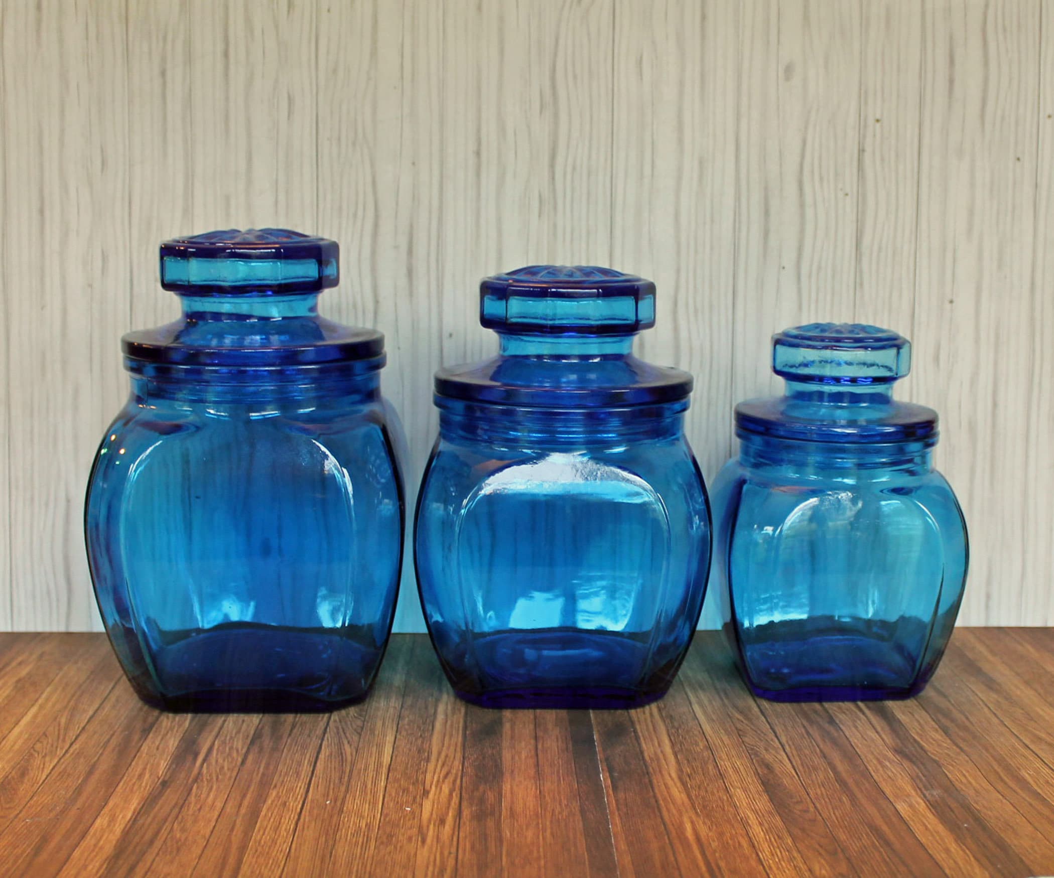 VIntage Blue Glass Canister Set of 3 with Lids Graduated Sizes Kitchen Storage Cansisters Free