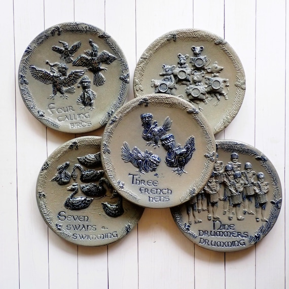 Vintage ROWE Pottery Works Twelve 12 Days of Christmas Plate CHOICE of Patterns Gray Blue Salt Glazed Stoneware Cambridge WI
