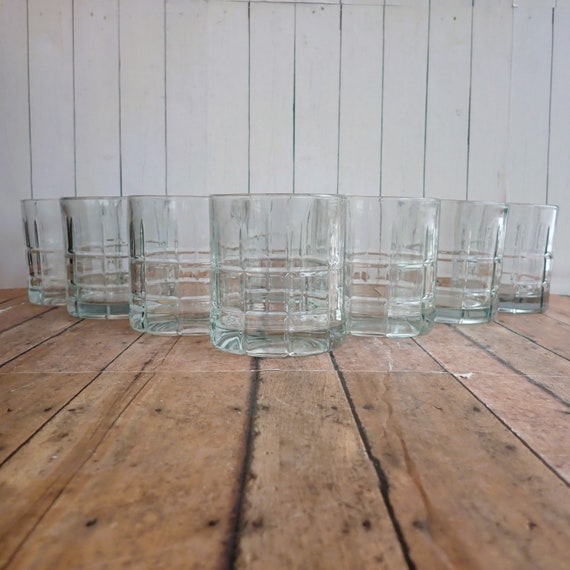 Vintage Anchor Hocking Tartan Clear 4" Old Fashioned Glass Set of 8 Glasses with Plaid Line Pattern