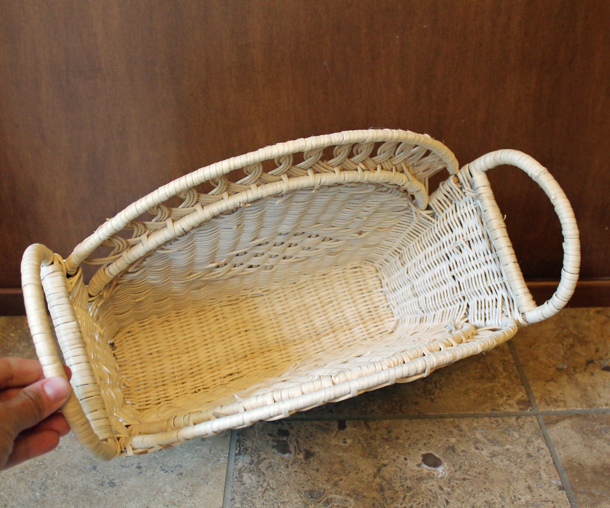 Vintage Wicker Woven Magazine Book Holder Rack with Handles Rectangular Boho Decor