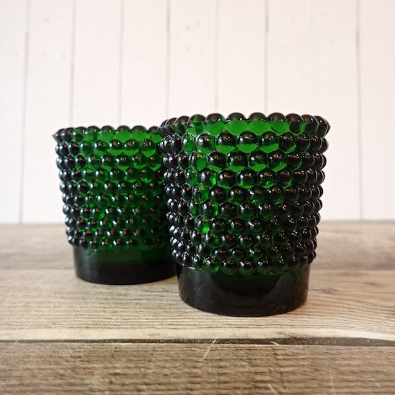 Vintage Green Glass Hobnail Votive or Tealight Candle Holder Set of 2