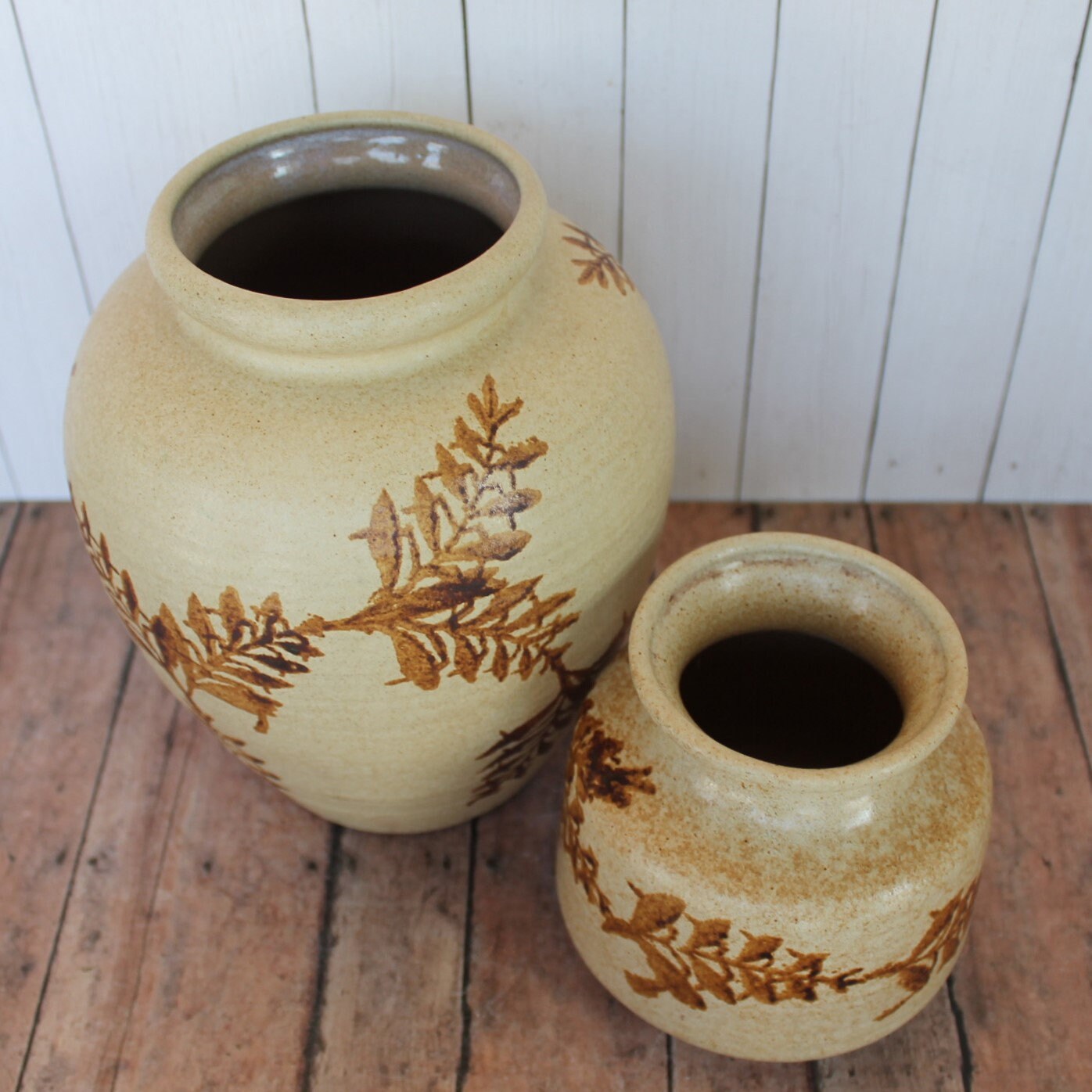 Vintage Pottery Craft USA Stoneware Vase Set of 2 Cream Yellow Tan Leaf