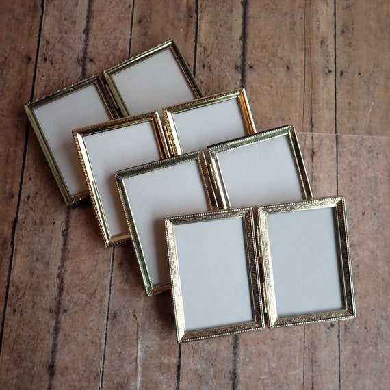 Vintage 2x3 Double Hinged Metal Gold Brass Photo Picture Frame Set of 4 Frames 2" x 3" Different Patterns