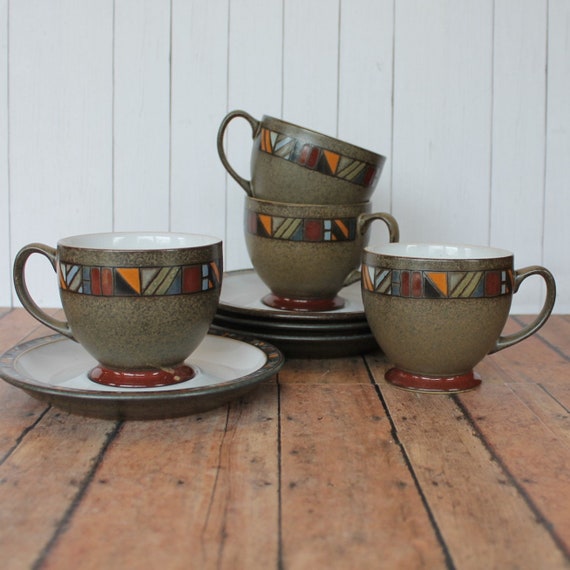 Vintage Denby MARRAKESH Ceramic Cup and Saucer Set of 4 Green Brown with Multicolor Geometric Design