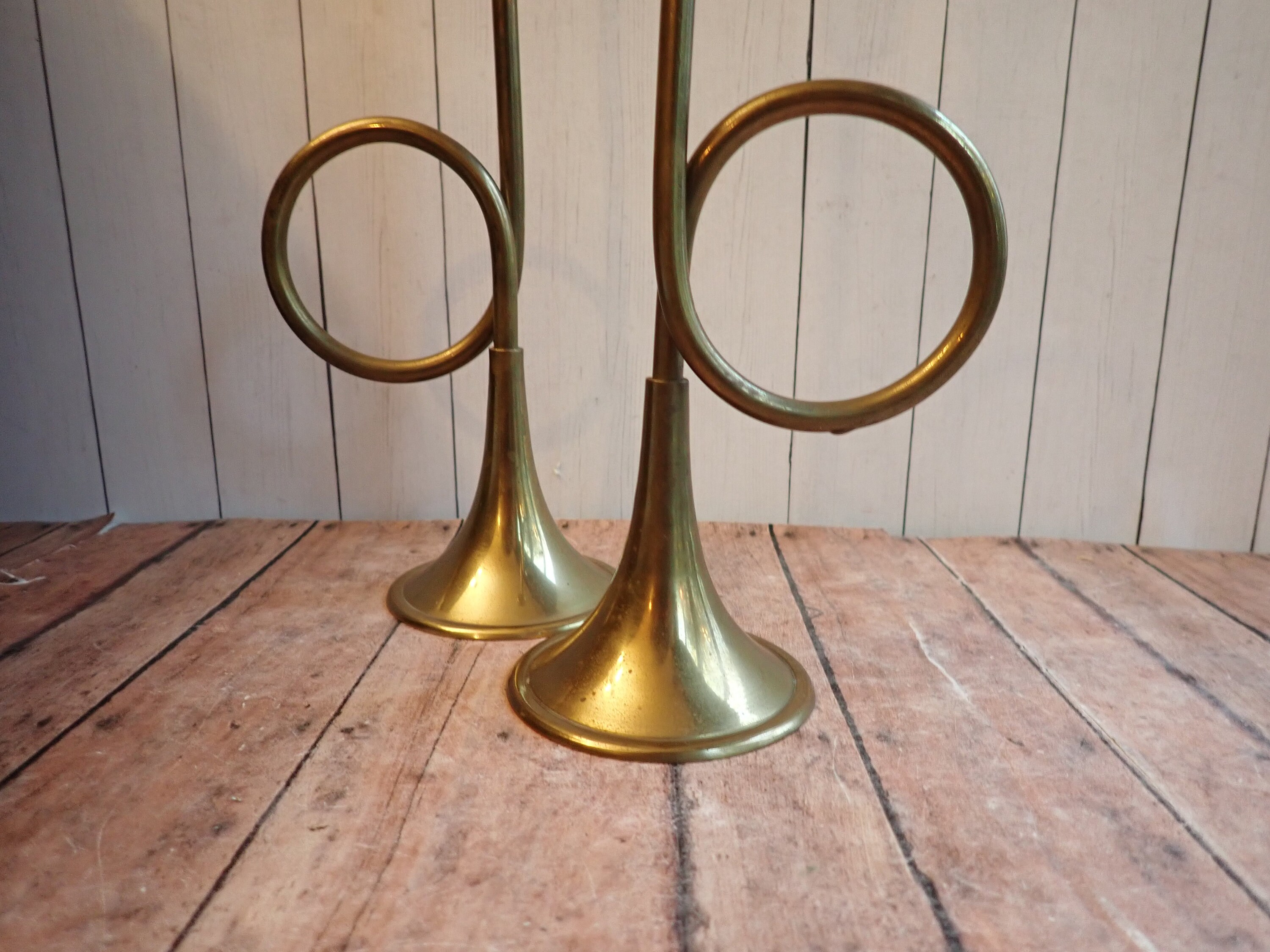 Vintage Brass Trumpet Bugle Horn Christmas Candlestick Set of 2 Candle
