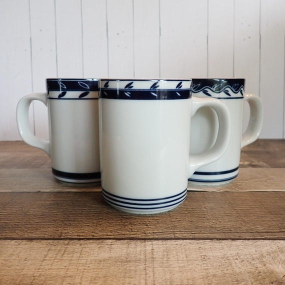 Vintage Dansk Concerto ALLEGRO BLUE Mug Set of 3 White Ceramic with Blue Leaf Designs