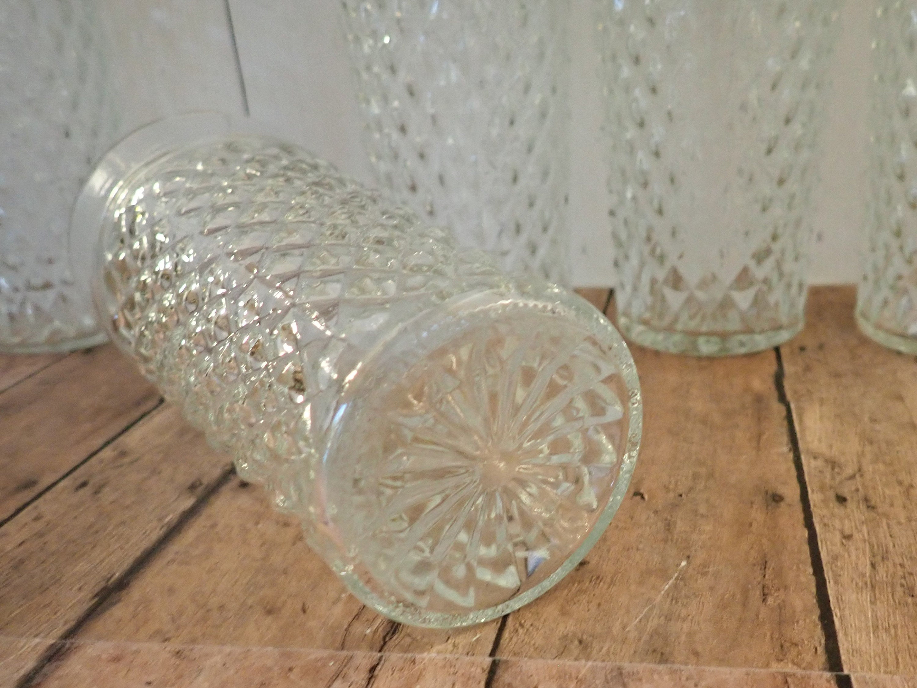 Vintage Clear Jelly Jar Tumblers Set of 8 with Diamond Pattern 12 oz