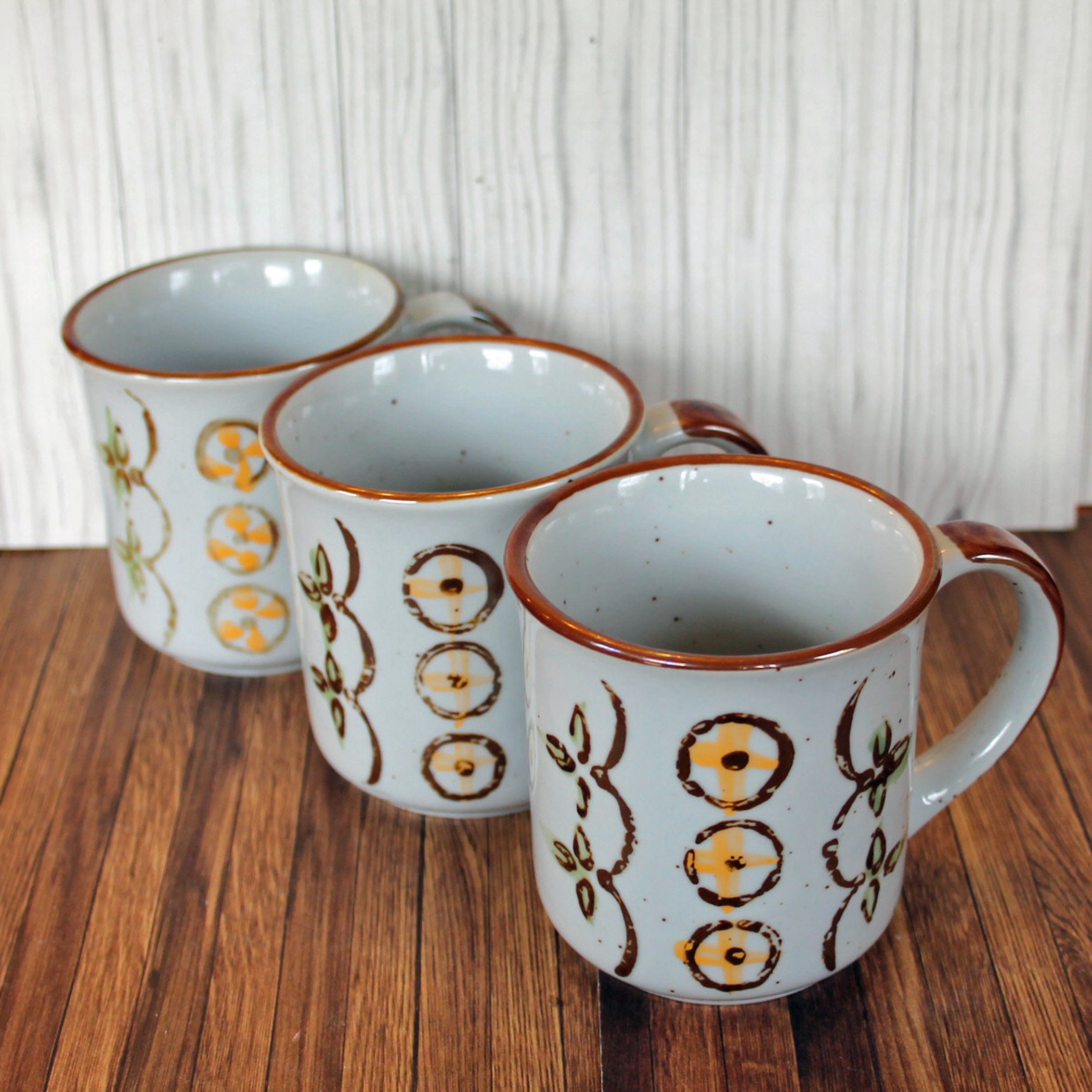 RESERVED For Z. Vintage Korean Stoneware Mug Set of 3 with Brown Green Yellow Abstract Flower