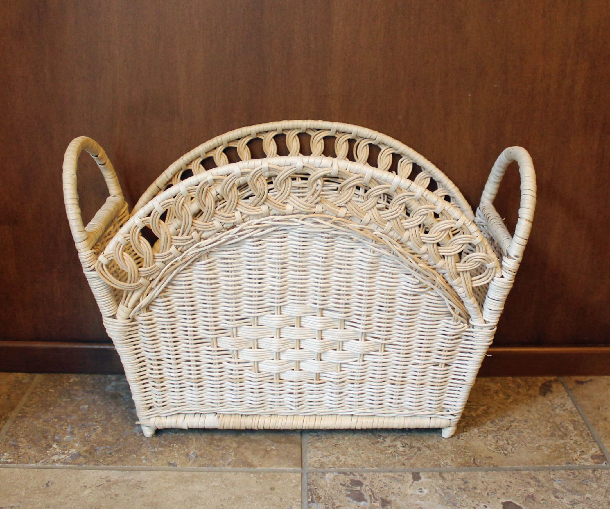 Vintage Wicker Woven Magazine Book Holder Rack with Handles Rectangular Boho Decor