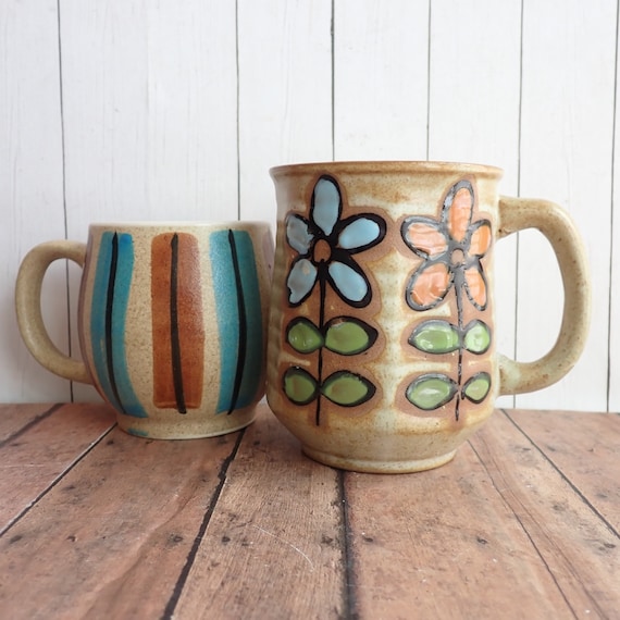 Vintage Stoneware Mug Set of 2 Tan Blue Green with Striped and Flower Design Otagiri Style Mid Century Modern Pottery