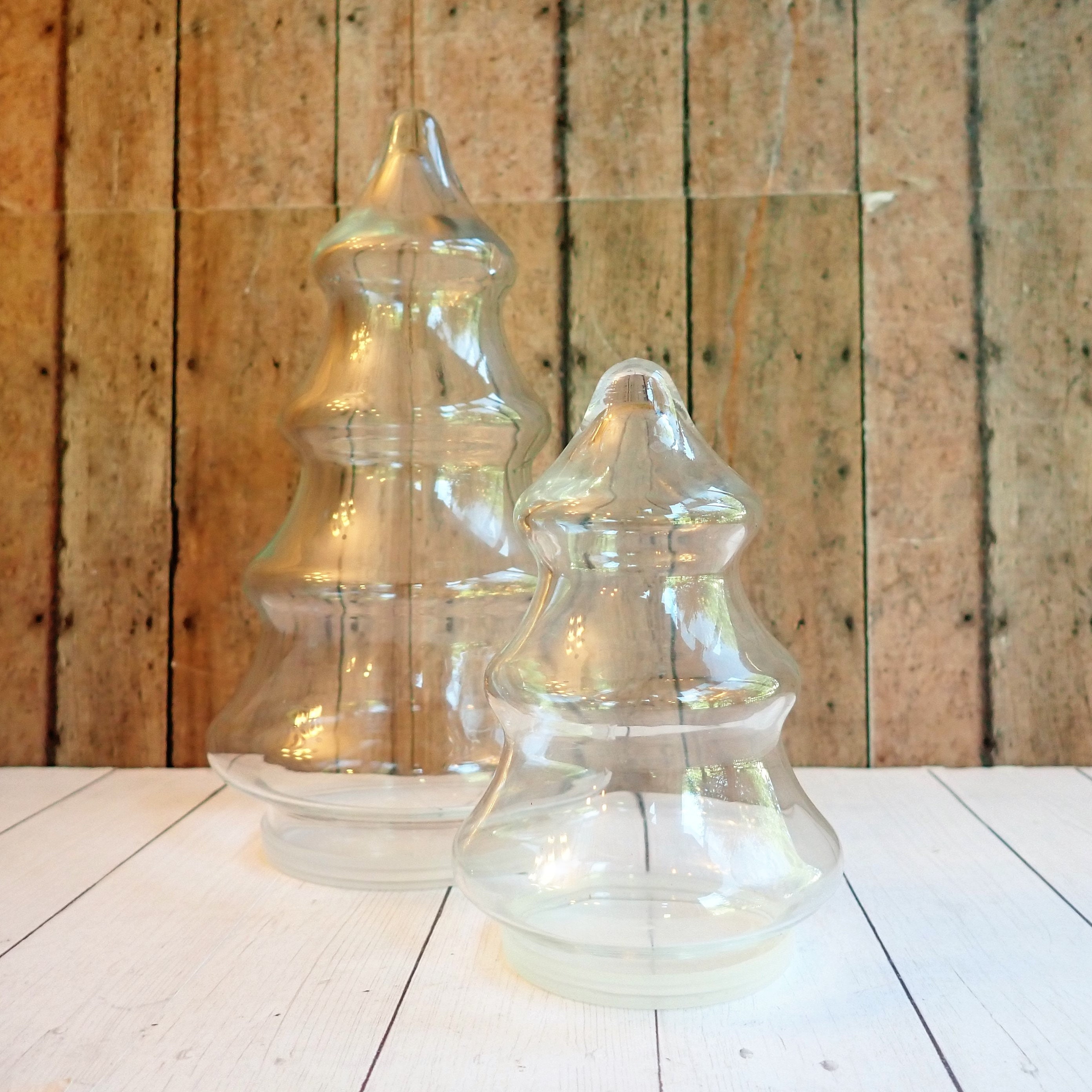 Vintage Clear Glass Christmas Pine Tree Jar Container Canister Set of 2