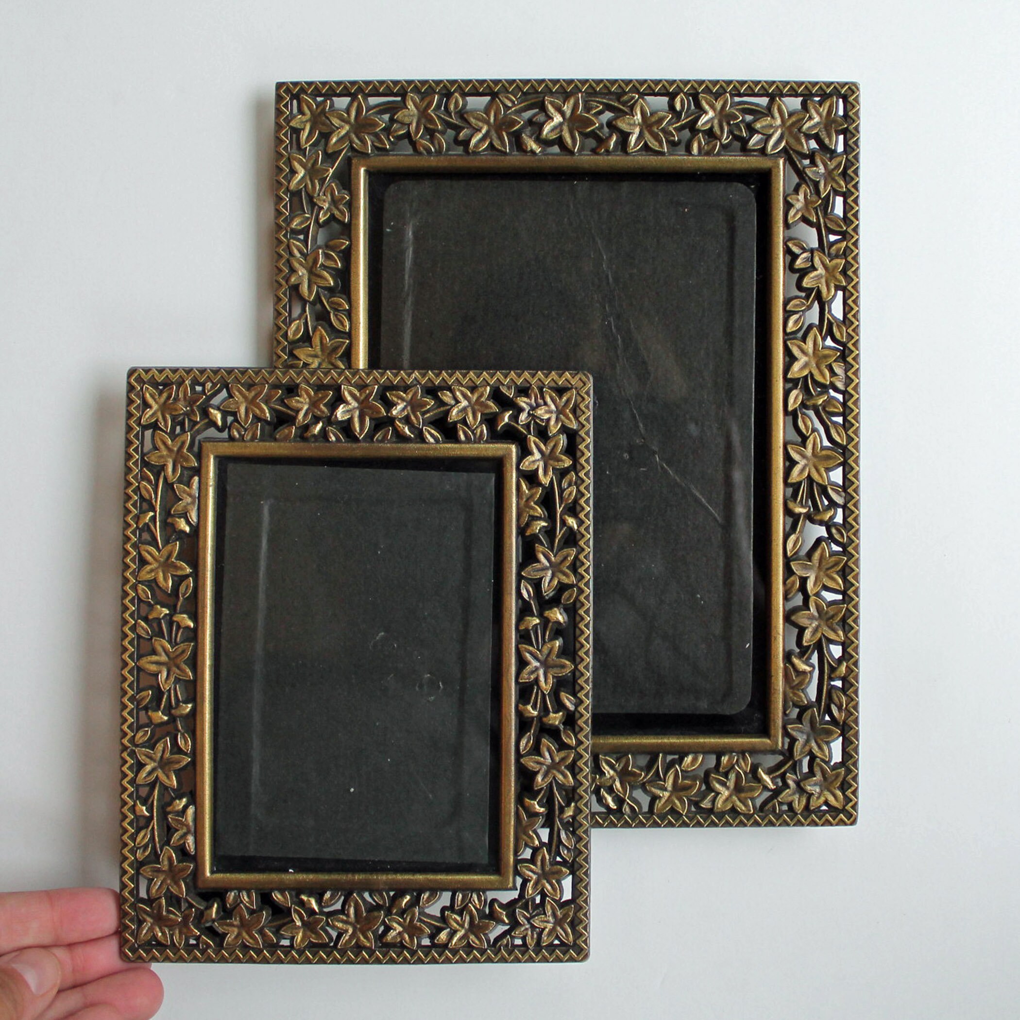 Vintage Bronze Metal Picture Photo Frame Set of 2 Etched Leaf Design