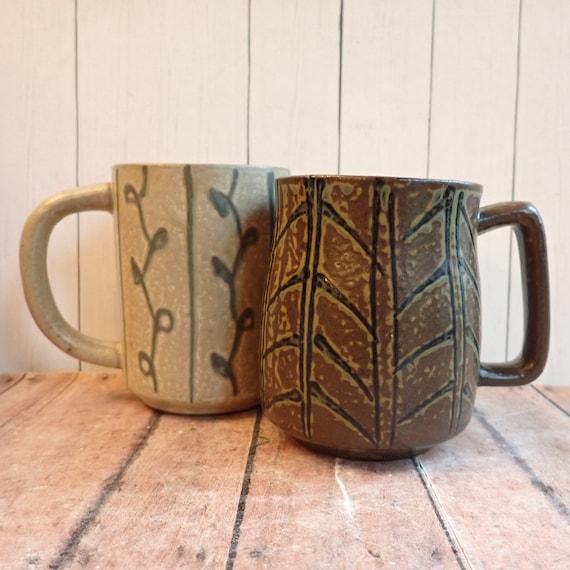 Vintage Stoneware Mug Set of 2 Brown and Gray with Rustic Geometric Leaf Design Otagiri Seymour Mann Style Mid Century