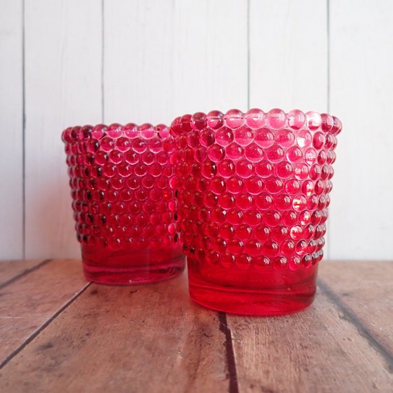 Vintage Indiana Glass Pink Hobnail Votive Tealight Candle Holders Pair Set of 2 Candleholders