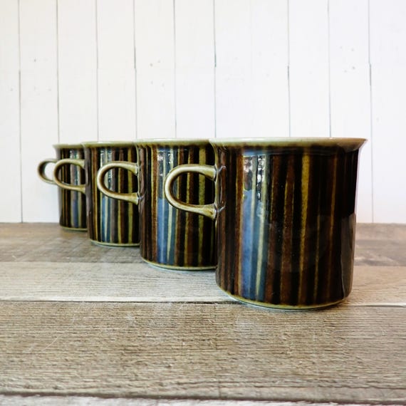 Vintage Arabia Finland KOSMOS Mug Flat Cup Set of 4 Coffee Cups Green Stoneware with Brown and Black Vertical Bands