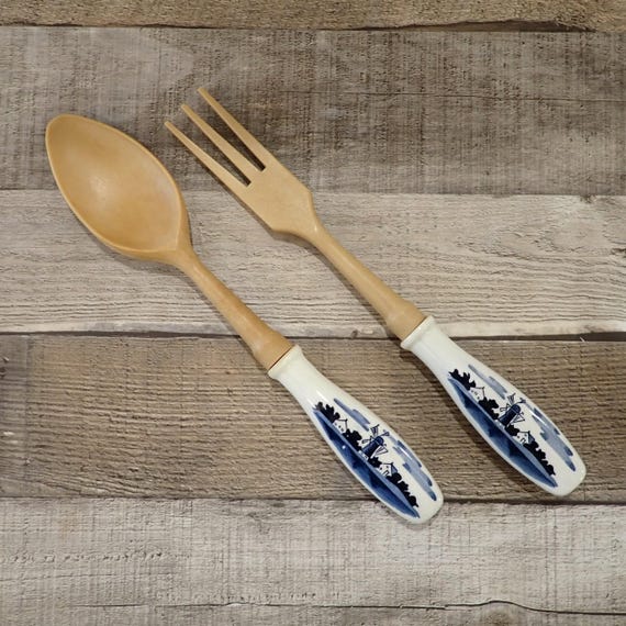 Vintage Delft Salad Set Spoon and Fork Set with White and Blue Windmill Handles