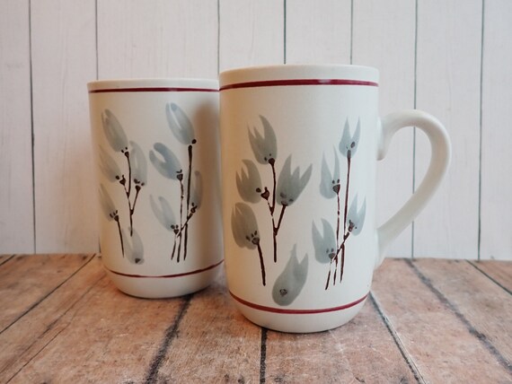 Vintage Stoneware Mug Set of 2 White with Gray and Brown Flower and Branch Design Made in Korea