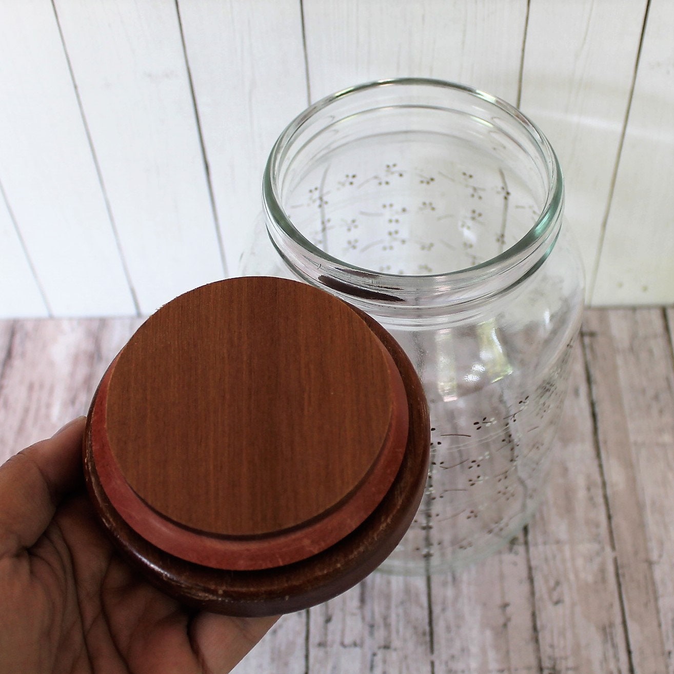 Vintage Anchor Hocking Glass Canister Jar with Wooden Lid Clear Glass