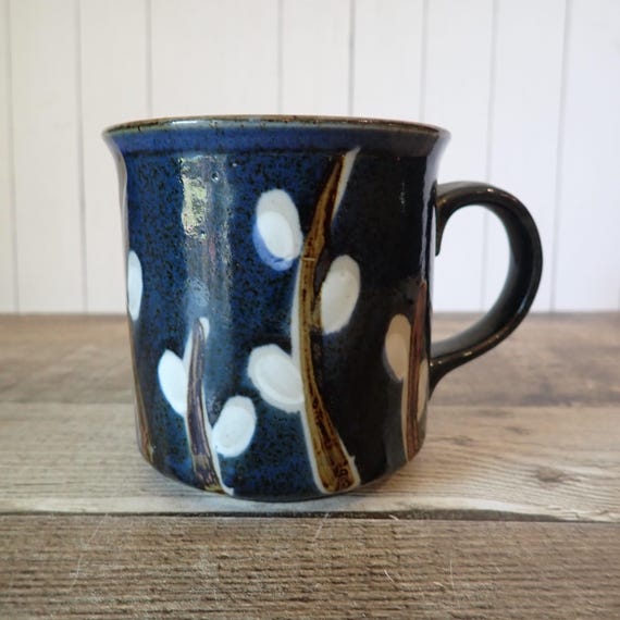 Vintage Otagiri Pussywillow Mug Coffee Cup Blue Stoneware Brown Branch Pussy Willow