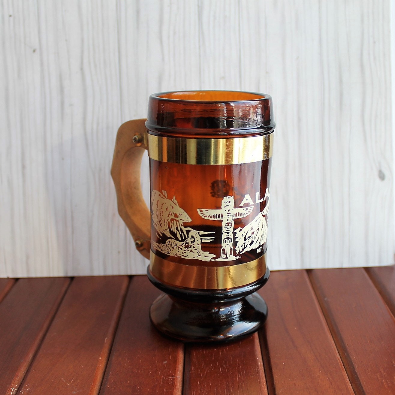 Vintage Alaska Souvenir Mug  Amber Glass Beer Mug  Stein 
