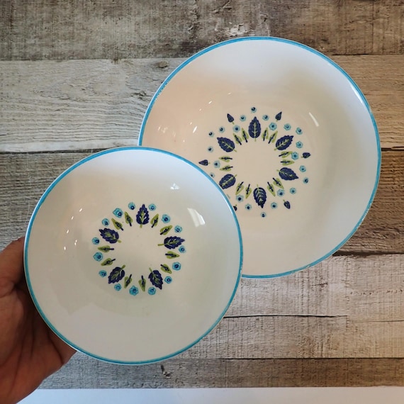 Vintage Marcrest SWISS ALPINE Bowls Set of 8 with 4 Fruit Bowls and 4 Cereal Bowls White with Blue and Green Tree Design Mid Century Modern