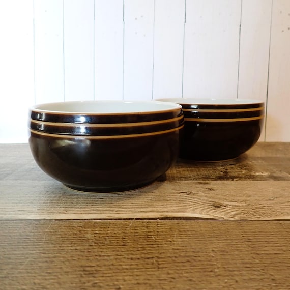 Vintage Denby CHOCOLATE Stoneware Cereal Bowl Set of 2 Brown with Tan Band on Rim Made in England