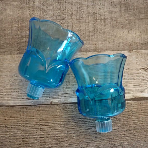 Vintage Blue Glass Votive Cup Set of 2 Flower Pattern