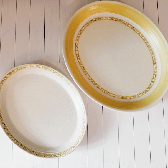 Vintage Franciscan HACIENDA GOLD 13" and 11" Oval Serving Platters Set of 2 White with Yellow Border Earthenware