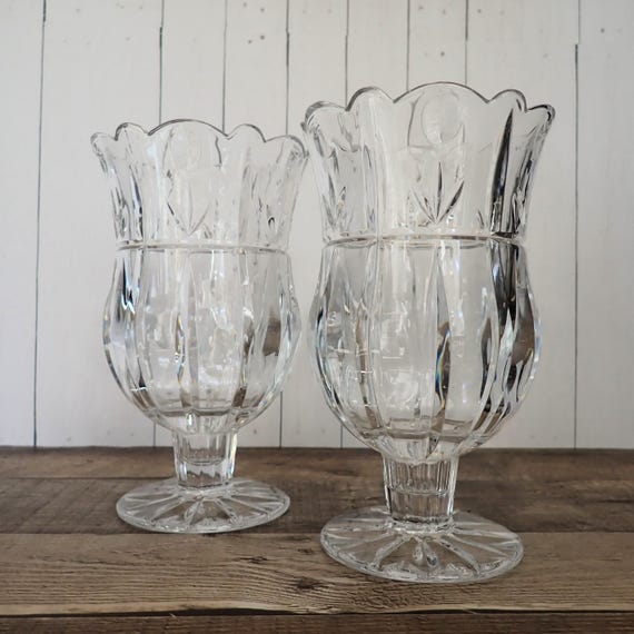 Vintage Block Crystal TULIP GARDEN Clear Glass Hurricane Vase Set of 2 Tall with Floral Flower Design