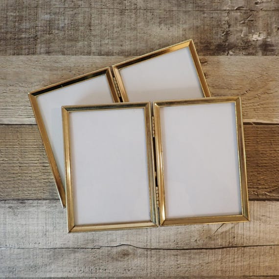 Vintage 3x5 Double Hinged Metal Gold Brass Photo Picture Frame Set of 2 Frames Same Pattern 3" x 5"