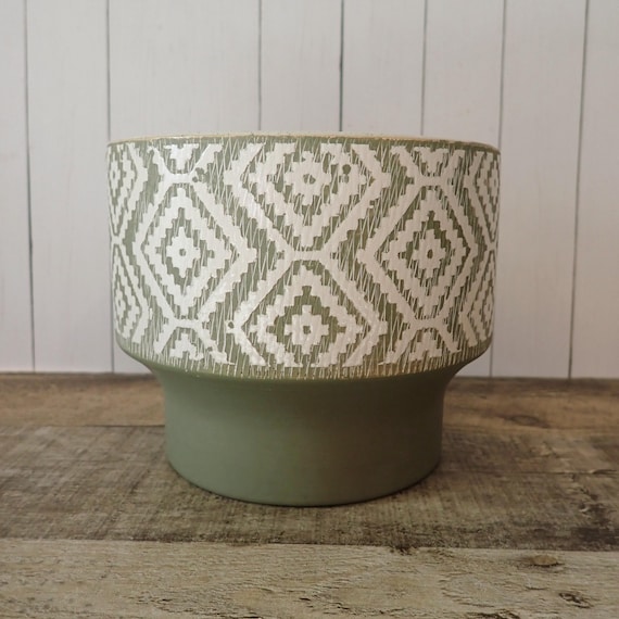 Vintage Green and White Stoneware Round Planter with Geometric Modern Design West German Style Flower Pot Bowl